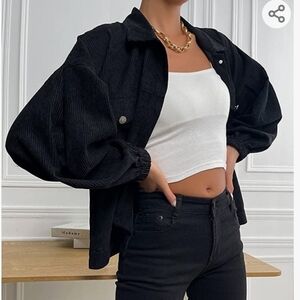 NWOT black pleated balloon sleeve ribbed corduroy oversized shirt jacket